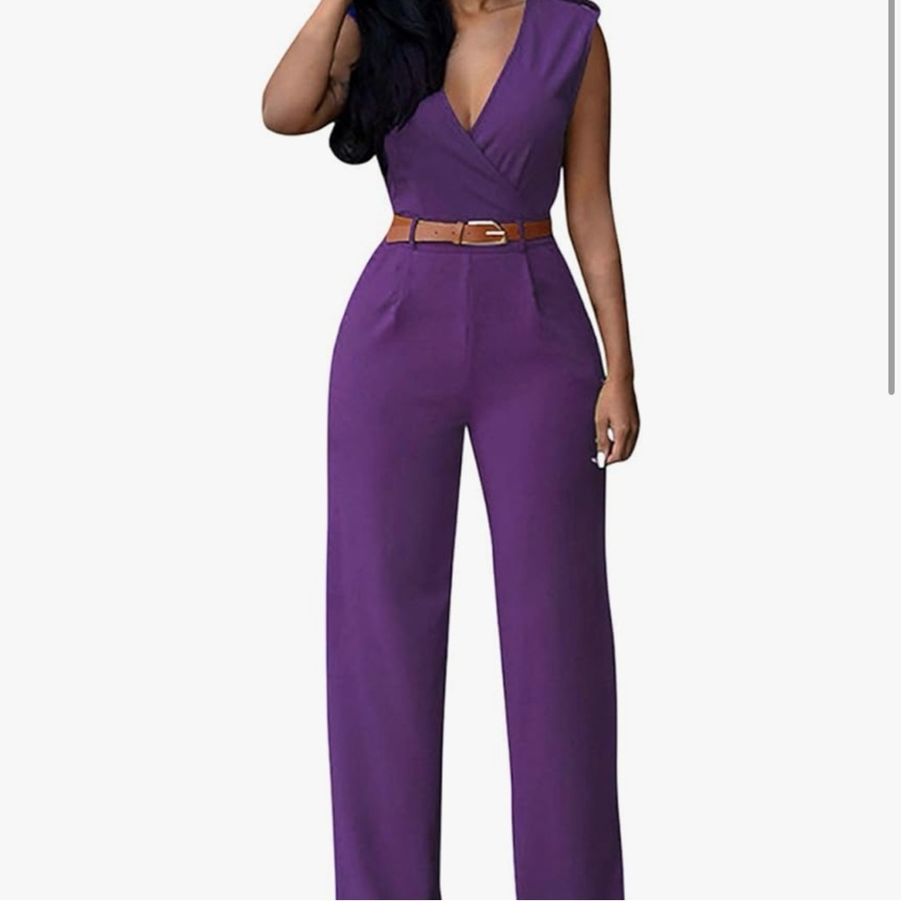 Deep V Neck Belted Purple Sleeveless Jumpsuit Size Medium